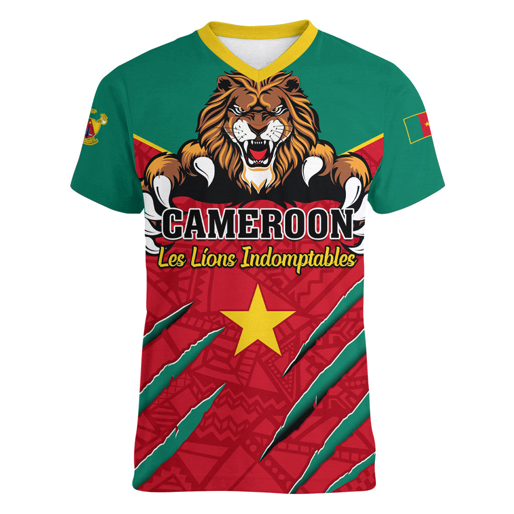 Cameroon Football Women V Neck T Shirt Go Les Lions Indomptables - Wonder Print Shop