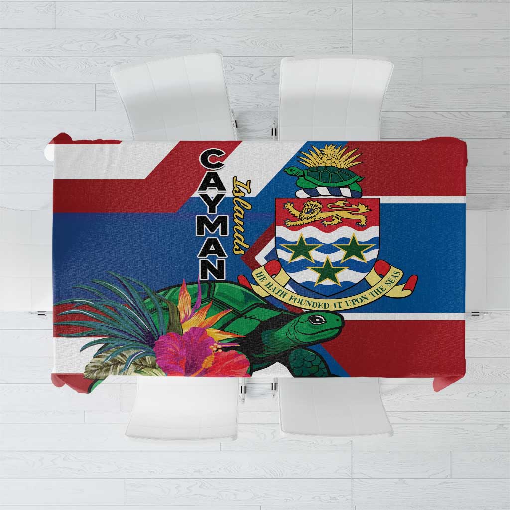 Cayman Islands tablecloth with tropical turtle and crest, red, blue, and green stripes