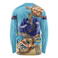 Unisex long-sleeve sea turtle shirt, blue back with map artwork and two flag patches