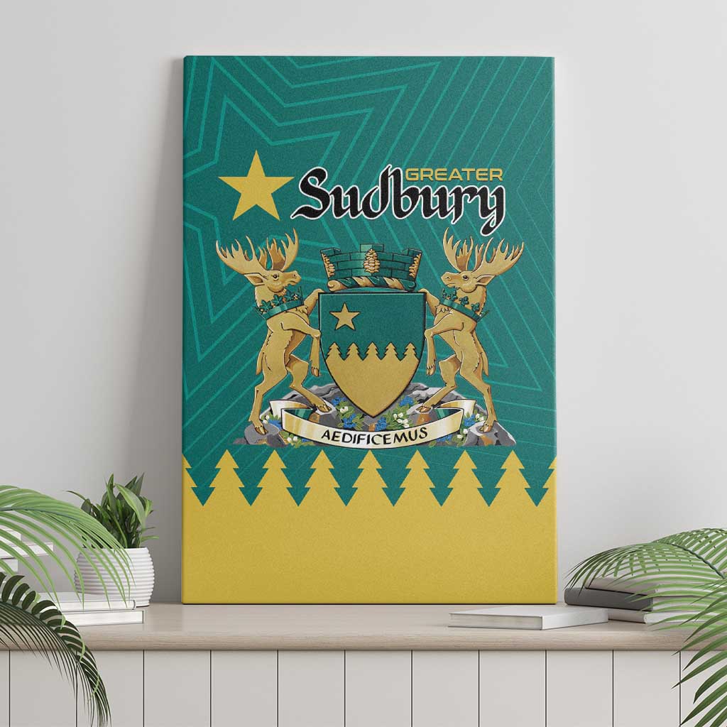 Green canvas wall art with Greater Sudbury text, crest shield, and deer silhouettes