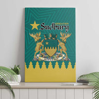 Green canvas wall art with Greater Sudbury text, crest shield, and deer silhouettes