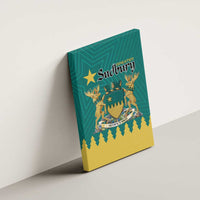 Green canvas wall art wall-hung with Greater Sudbury crest, star, and deer figures