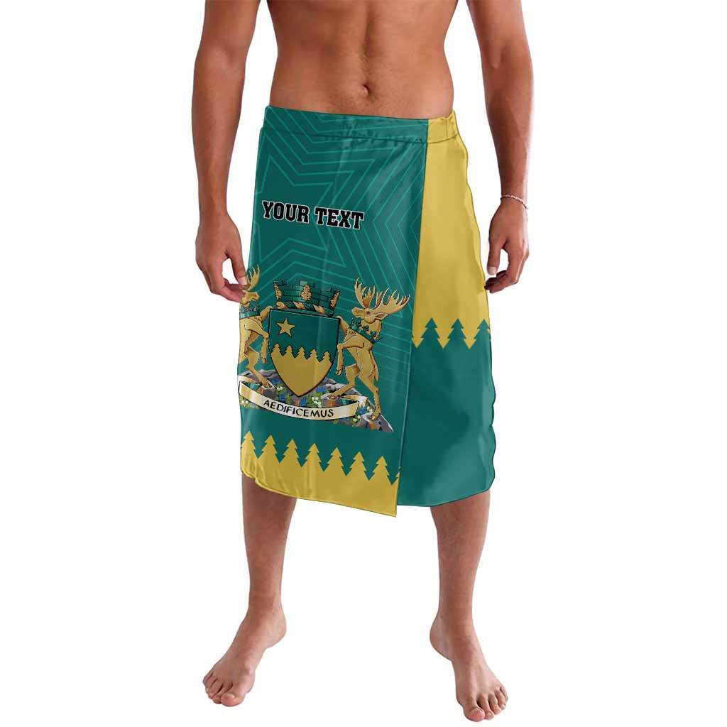 Personalized sarong skirt, teal green with yellow panel, crest and 'YOUR TEXT' graphic