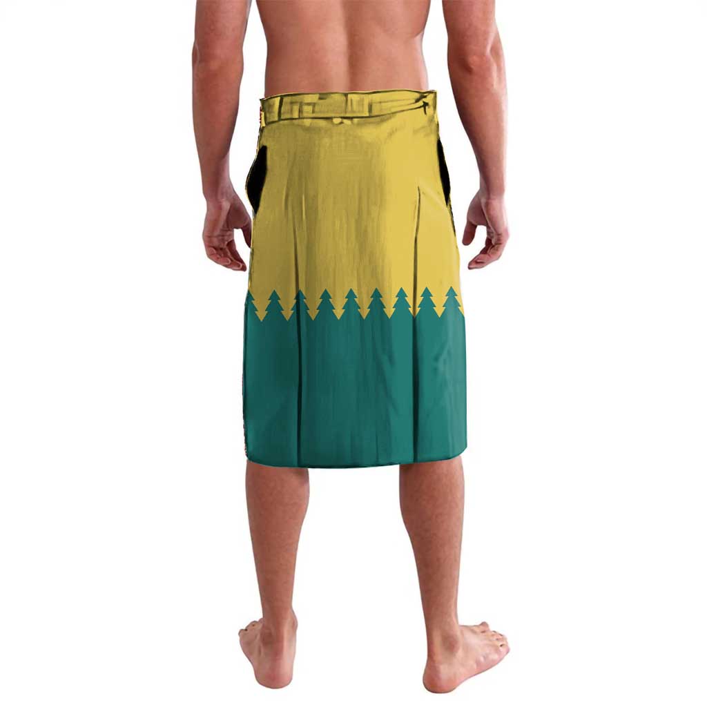Personalized sarong skirt with yellow waistband and teal green lower, tree pattern print