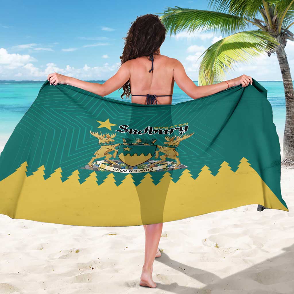 Green and yellow Sudbury crest sarong, full wrap view with center logo