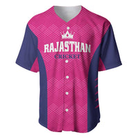 Pink and navy cricket jersey with V-neck, buttons, crown and RAJASTHAN CRICKET logo