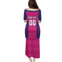 Pink and navy long dress with custom text and number print, short sleeves, maxi hem