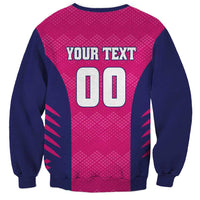 Pink and navy cricket sweatshirt with back "YOUR TEXT" and large number graphic, crew neck