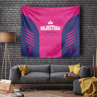 Pink and navy cricket tapestry wall hanging with Rajasthan Cricket logo and crown.