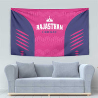 Pink and navy Rajasthan Cricket tapestry with crown emblem and radial side graphics.