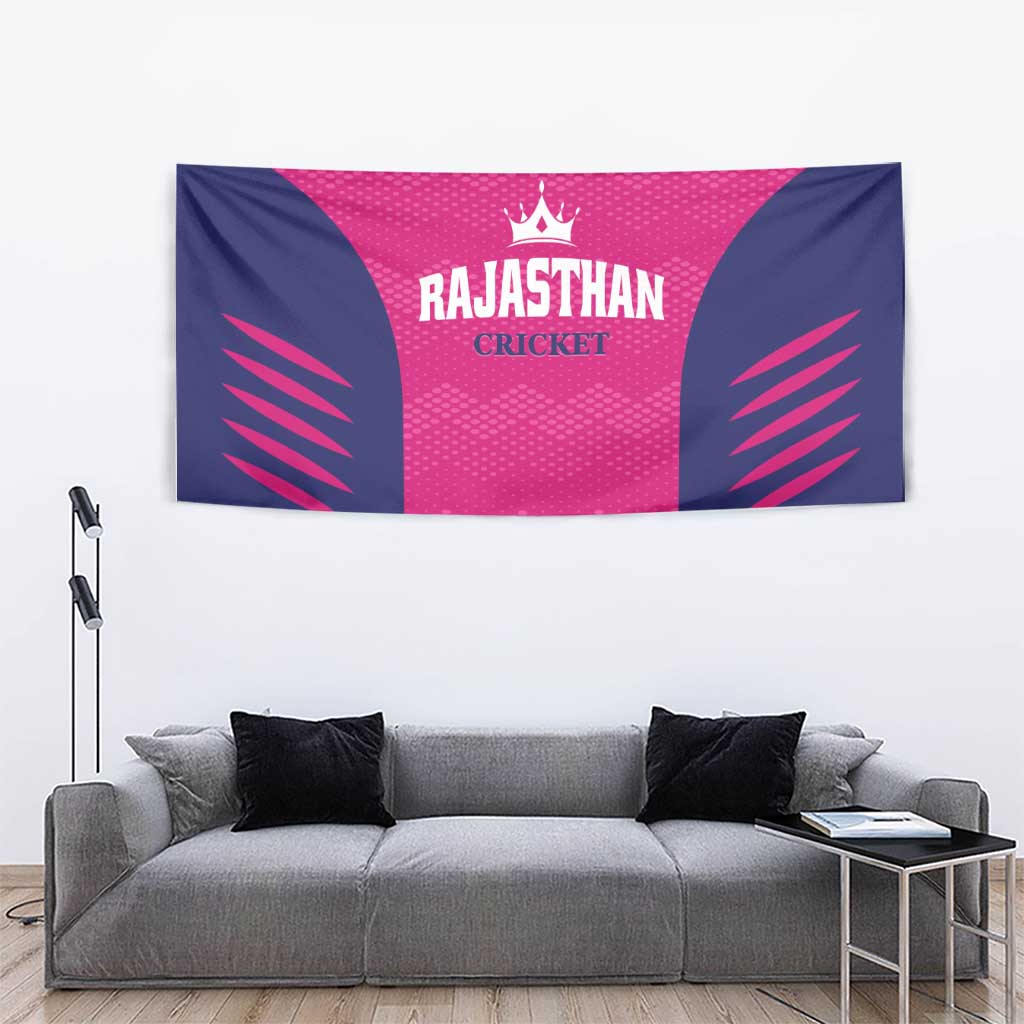 Pink and navy cricket tapestry with Rajasthan Cricket lettering and crown on front panel.