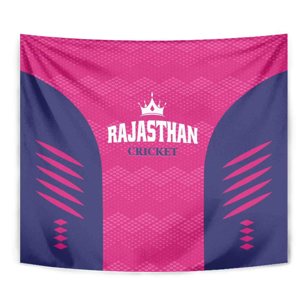 Pink and navy cricket tapestry close view with Rajasthan Cricket logo and crown emblem.