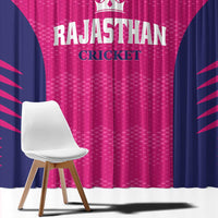 Pink and navy cricket logo window curtains with dotted pattern and curved color blocks