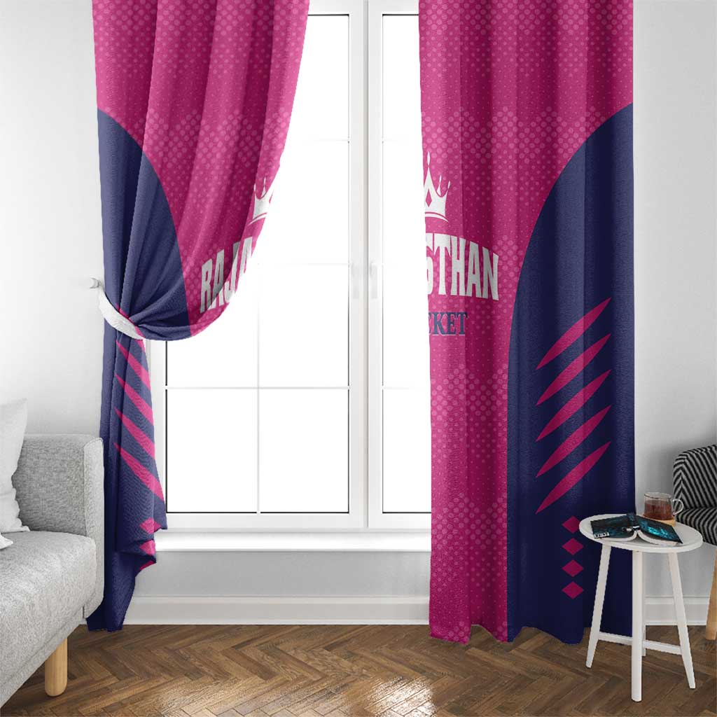 Pink and navy window curtains with dotted panels and curved navy side sections