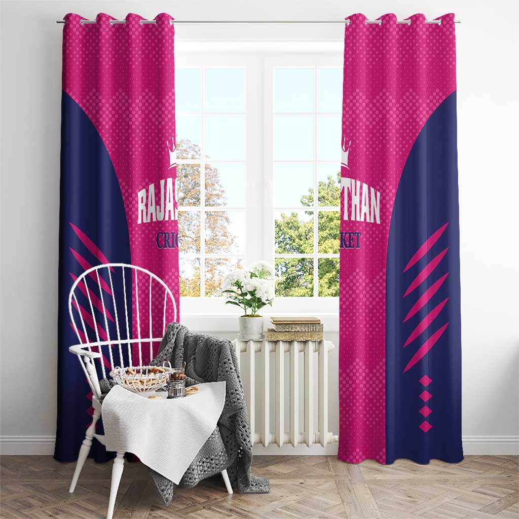 Pink and navy cricket window curtains with looped top, dotted center logo, navy side rays