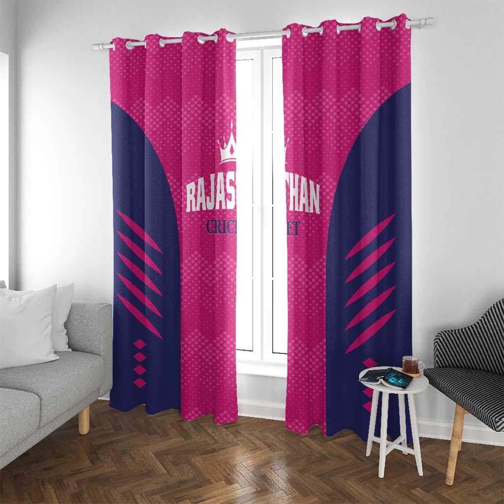 Pink and navy window curtains with grommet-style top, dotted pink center, navy side ray stripes