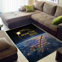 Black area rug with gold “My 2nd Diamond Ring” and starry USA map design