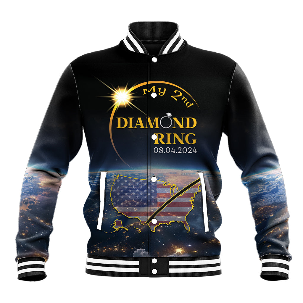 Black baseball jacket with ribbed collar, front zip, and gold Diamond Ring graphic