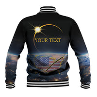 Black baseball jacket with ribbed collar and back “YOUR TEXT” eclipse graphic