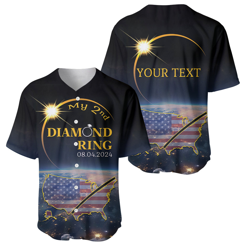 Two black baseball jerseys, front and back, with eclipse and 'YOUR TEXT' print
