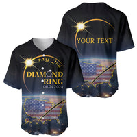 Two black baseball jerseys, front and back, with eclipse and 'YOUR TEXT' print