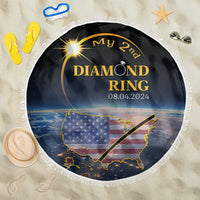 Round black beach blanket with fringe, 'My 2nd Diamond Ring' text and US map print
