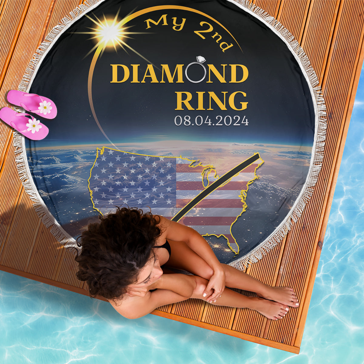 Round black beach blanket with fringe, 'My 2nd Diamond Ring' and US map, held by hands