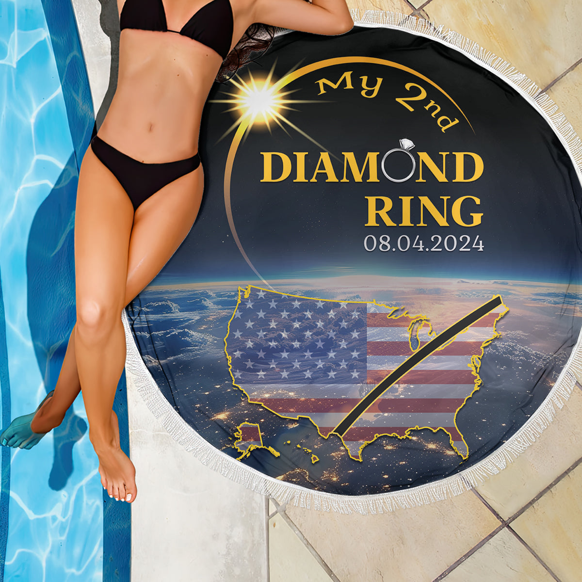 Round black beach blanket with fringe, 'My 2nd Diamond Ring 08.04.2024' with model in black bikini