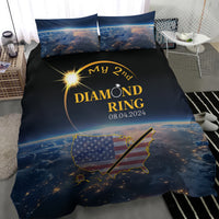 Blue and black duvet cover bedding set with gold ring graphic, matching pillowcases