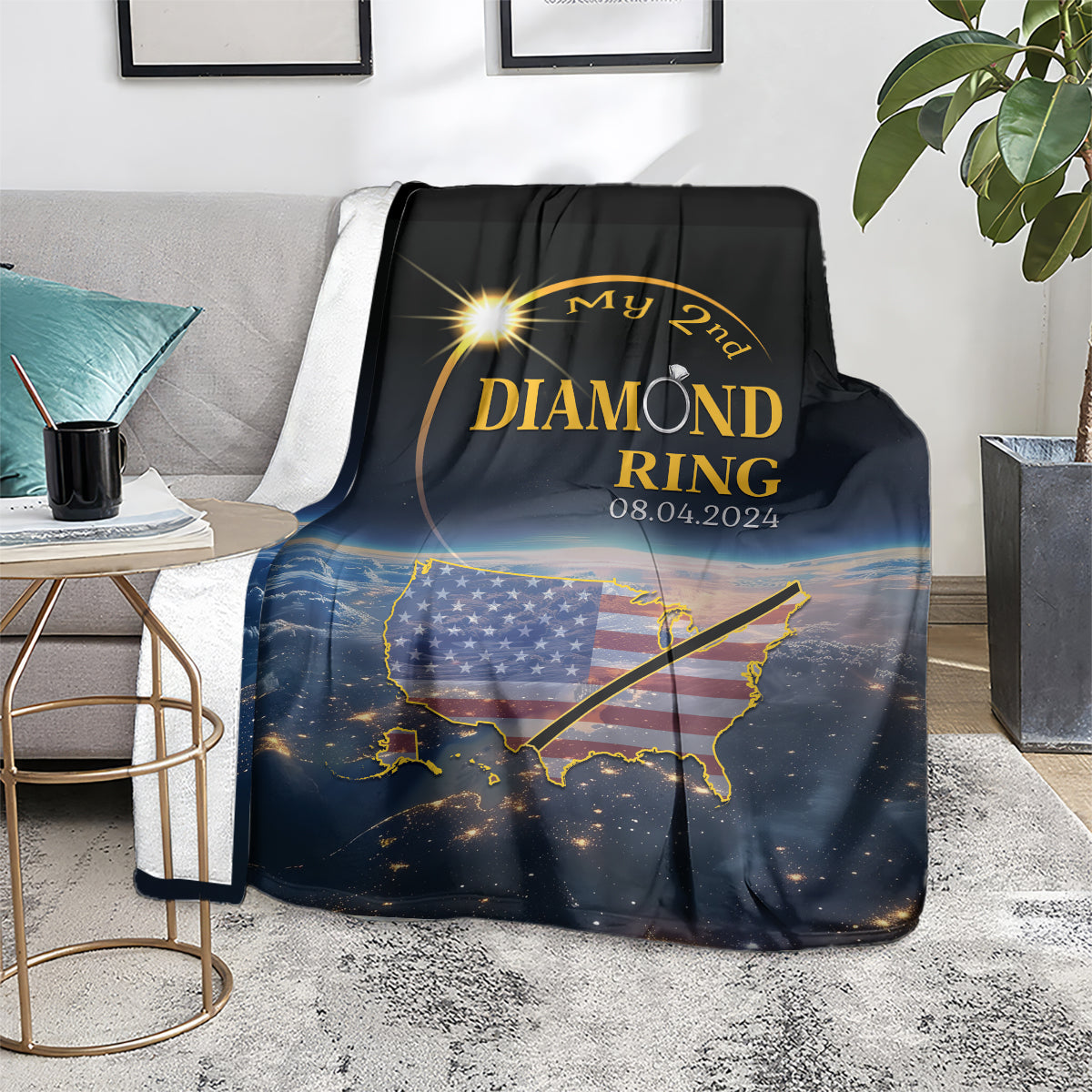 Black blanket laid on floor with diamond ring text, US map graphic, and 08.04.2024