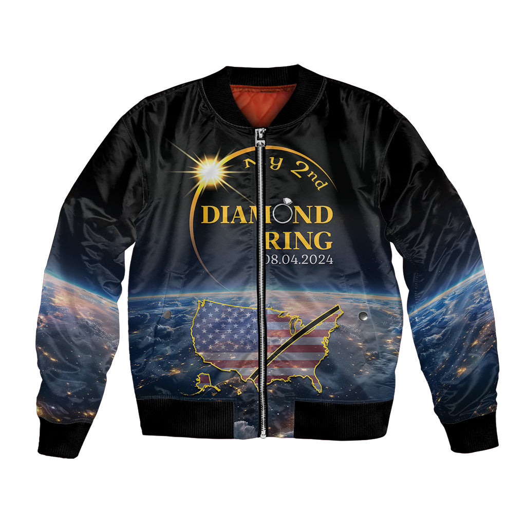 Black bomber jacket with full-zip and ribbed cuffs, front diamond ring eclipse graphic