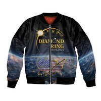 Black bomber jacket with full-zip and ribbed cuffs, front diamond ring eclipse graphic