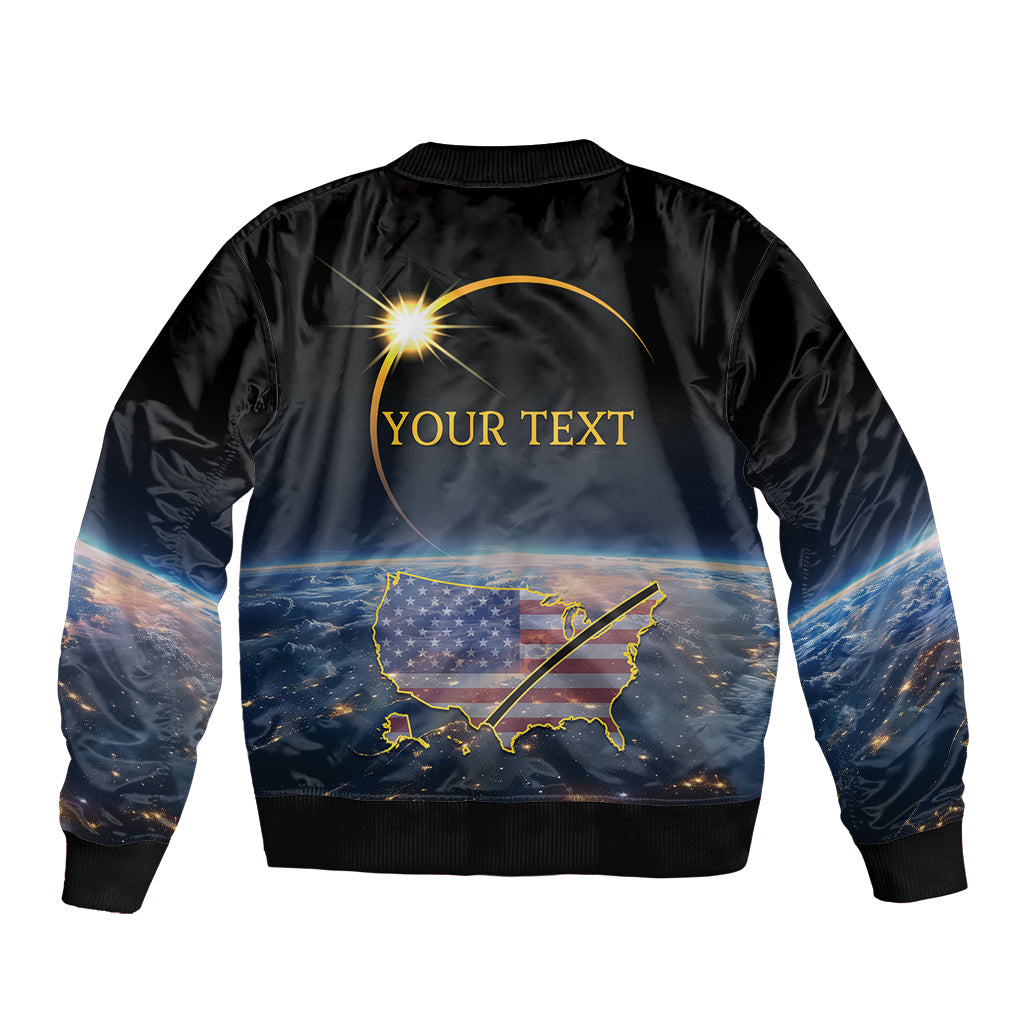 Black bomber jacket with ribbed hem and back eclipse graphic, Your Text center