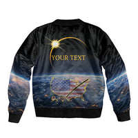 Black bomber jacket with ribbed hem and back eclipse graphic, Your Text center