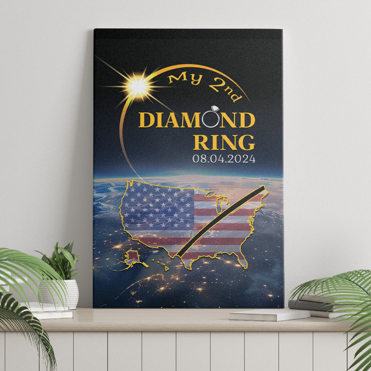 Black canvas wall art showing “My 2nd Diamond Ring” and USA map with ring icon.