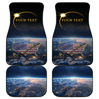 Set of black car mats with blue space map graphic and yellow “YOUR TEXT” text