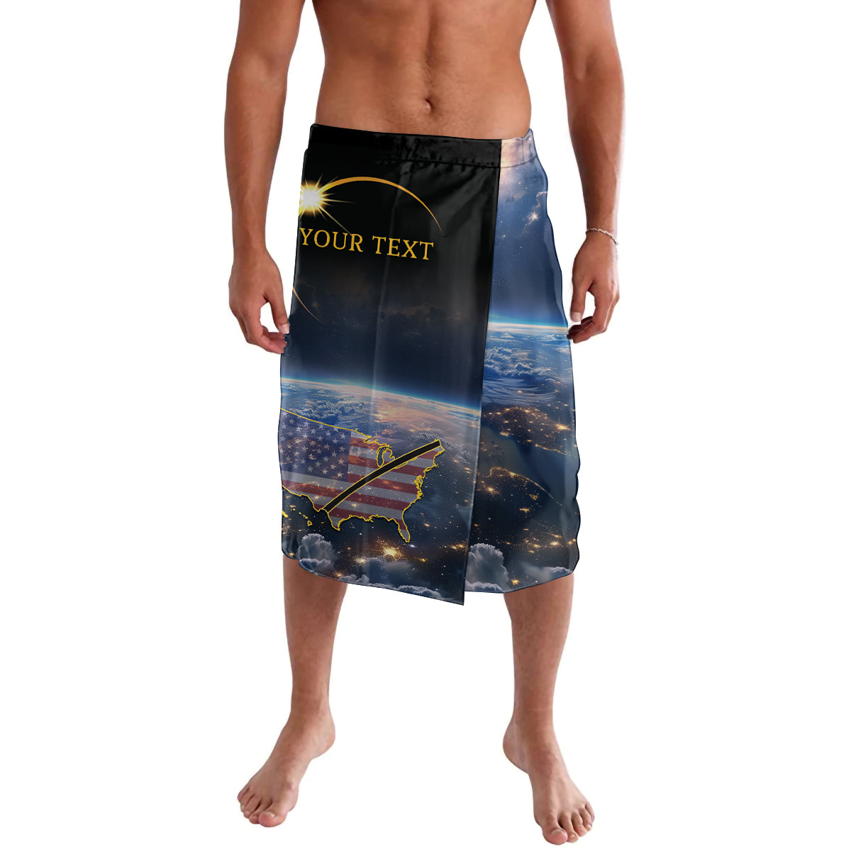 Knee-length swim shorts with dark blue space print and yellow 'YOUR TEXT' on front