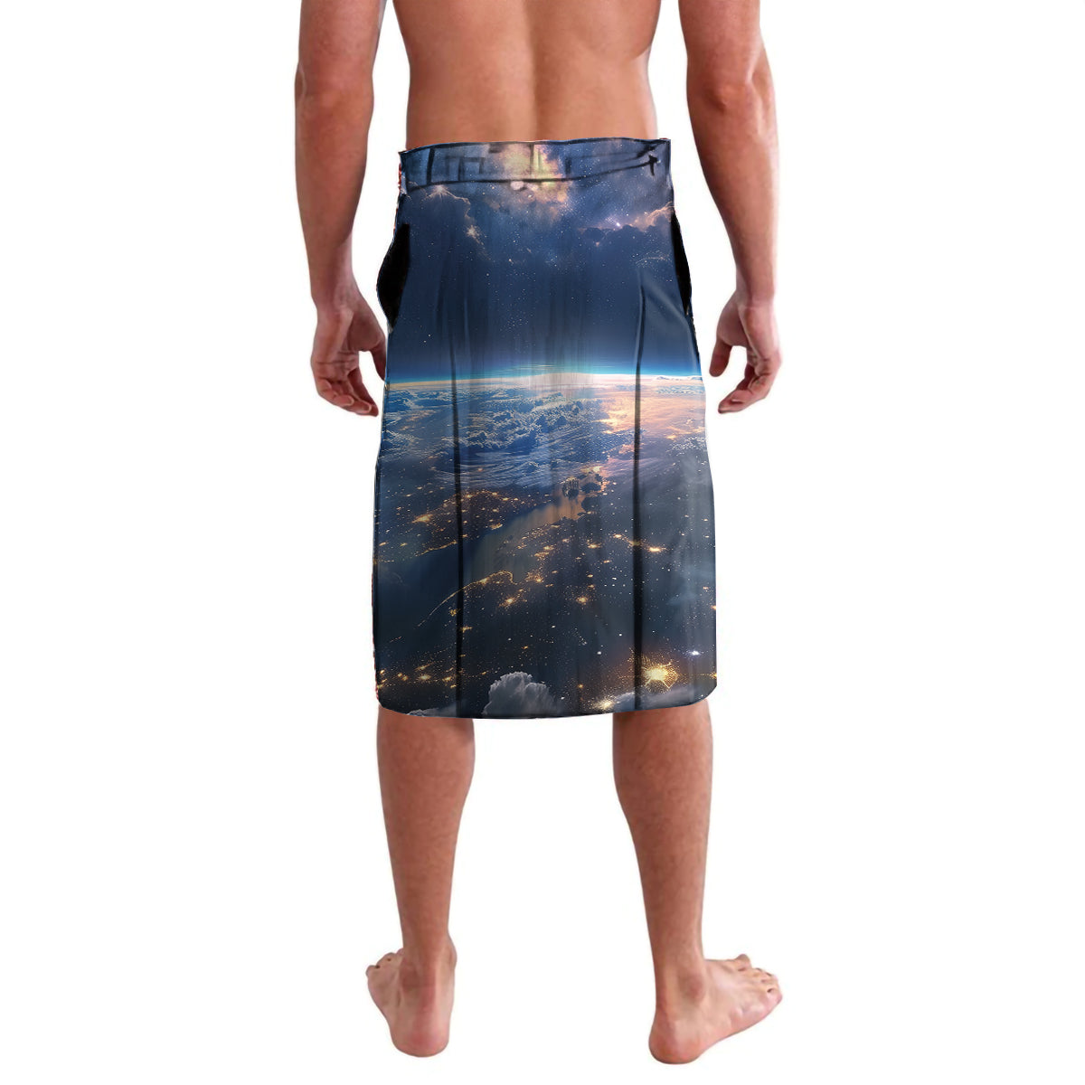 Knee-length swim shorts with dark blue space print and ocean skyline