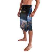 Knee-length swim shorts with elastic waistband, dark blue space print, side slit