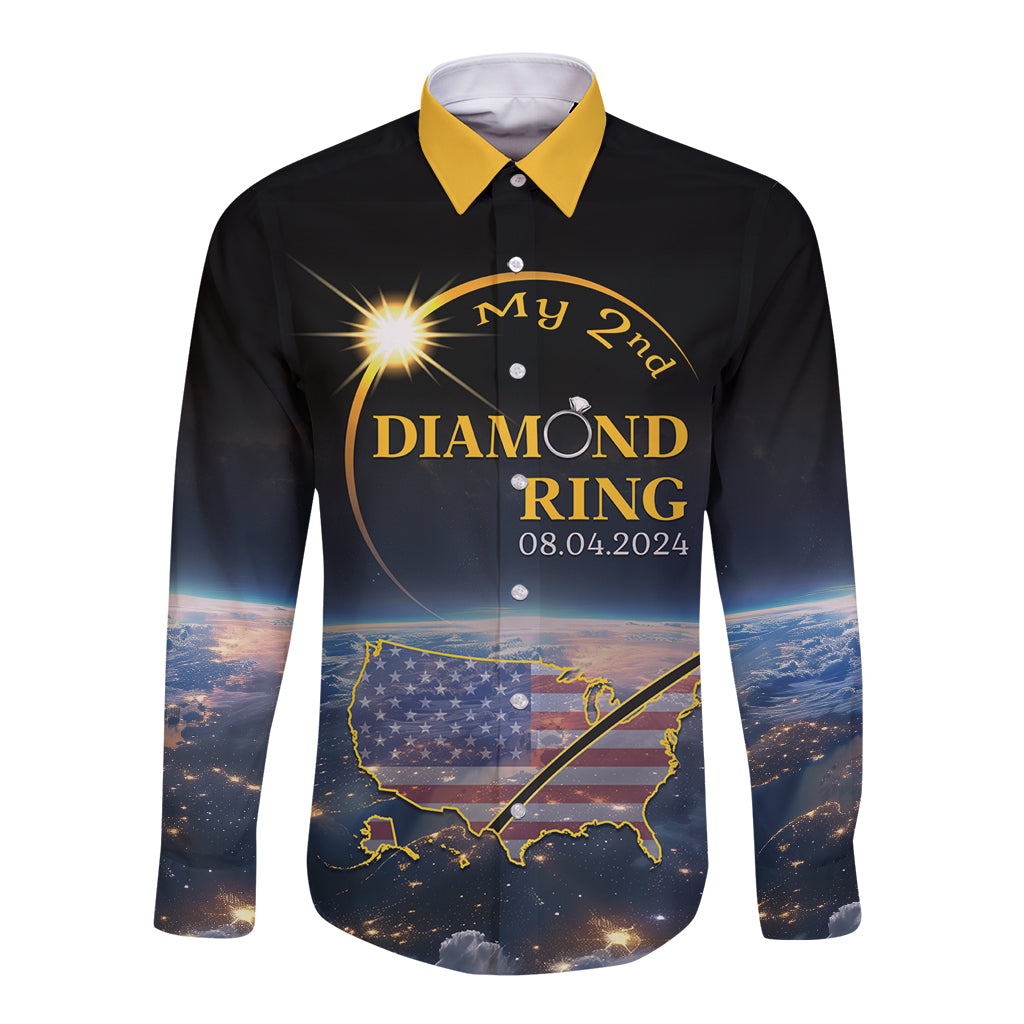 Black long-sleeve button shirt with gold eclipse and My 2nd Diamond Ring print