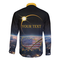 Black long-sleeve button shirt with gold eclipse, US map, and Your Text print