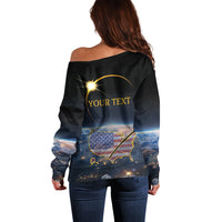 Black off-shoulder sweater with long sleeves, back graphic and 'YOUR TEXT' print.