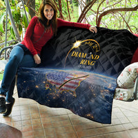 Black quilt with gold diamond ring design, date text, and US map graphic