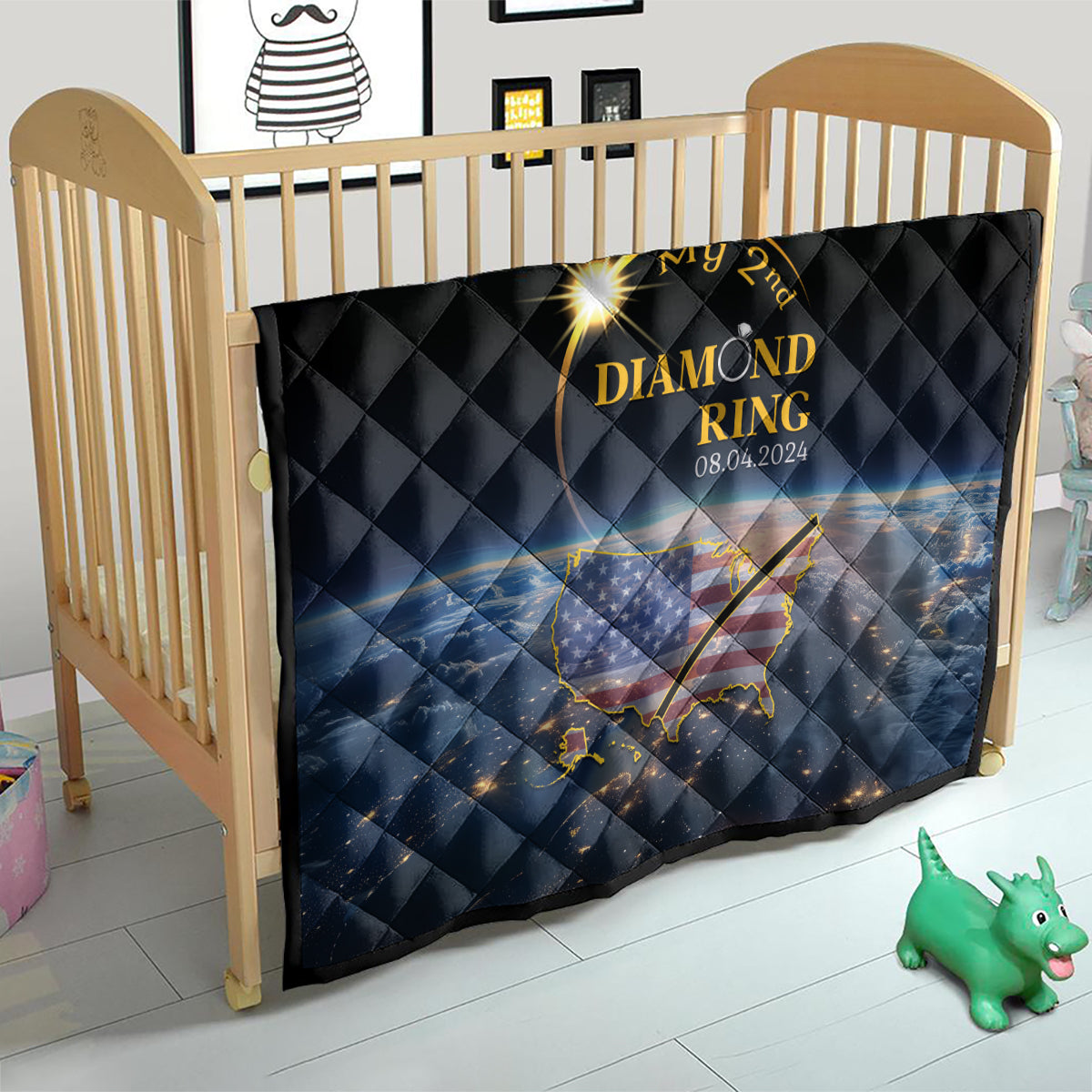 Black quilt with gold diamond ring text, date, and US map graphic for kids bed