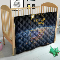 Black quilt with gold diamond ring text, date, and US map graphic for kids bed