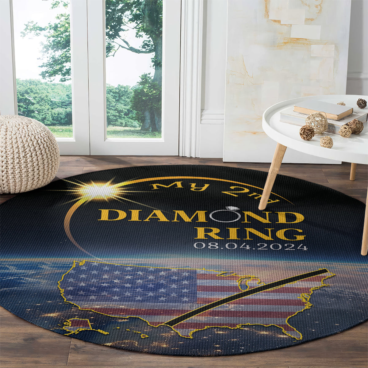 Black round carpet with 'My 2nd Diamond Ring' text and map print near window