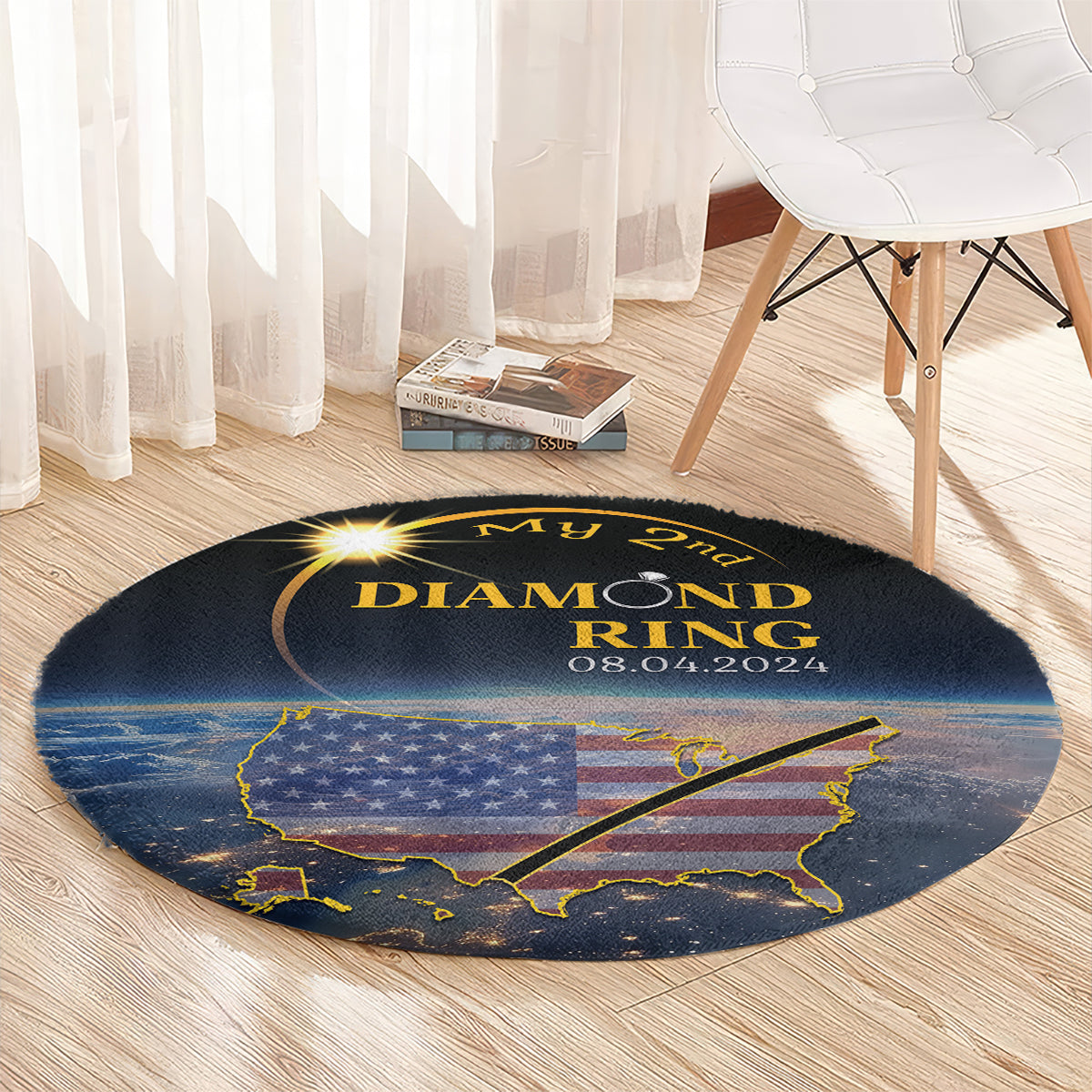 Black round carpet with 'My 2nd Diamond Ring 08.04.2024' in room setting
