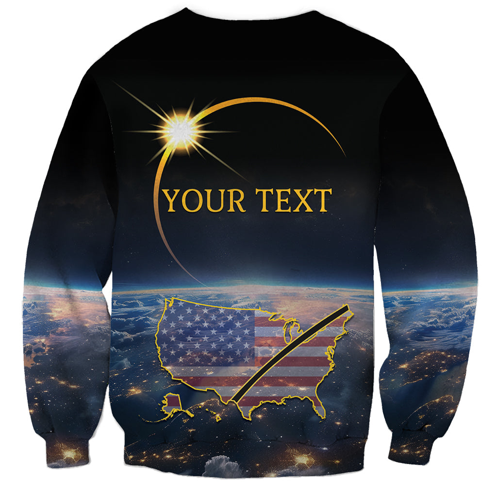 Black unisex sweatshirt with Your Text eclipse graphic and USA map