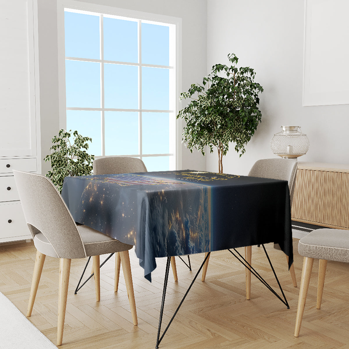 Black rectangular tablecloth with dark sky print, gold/orange cosmic details