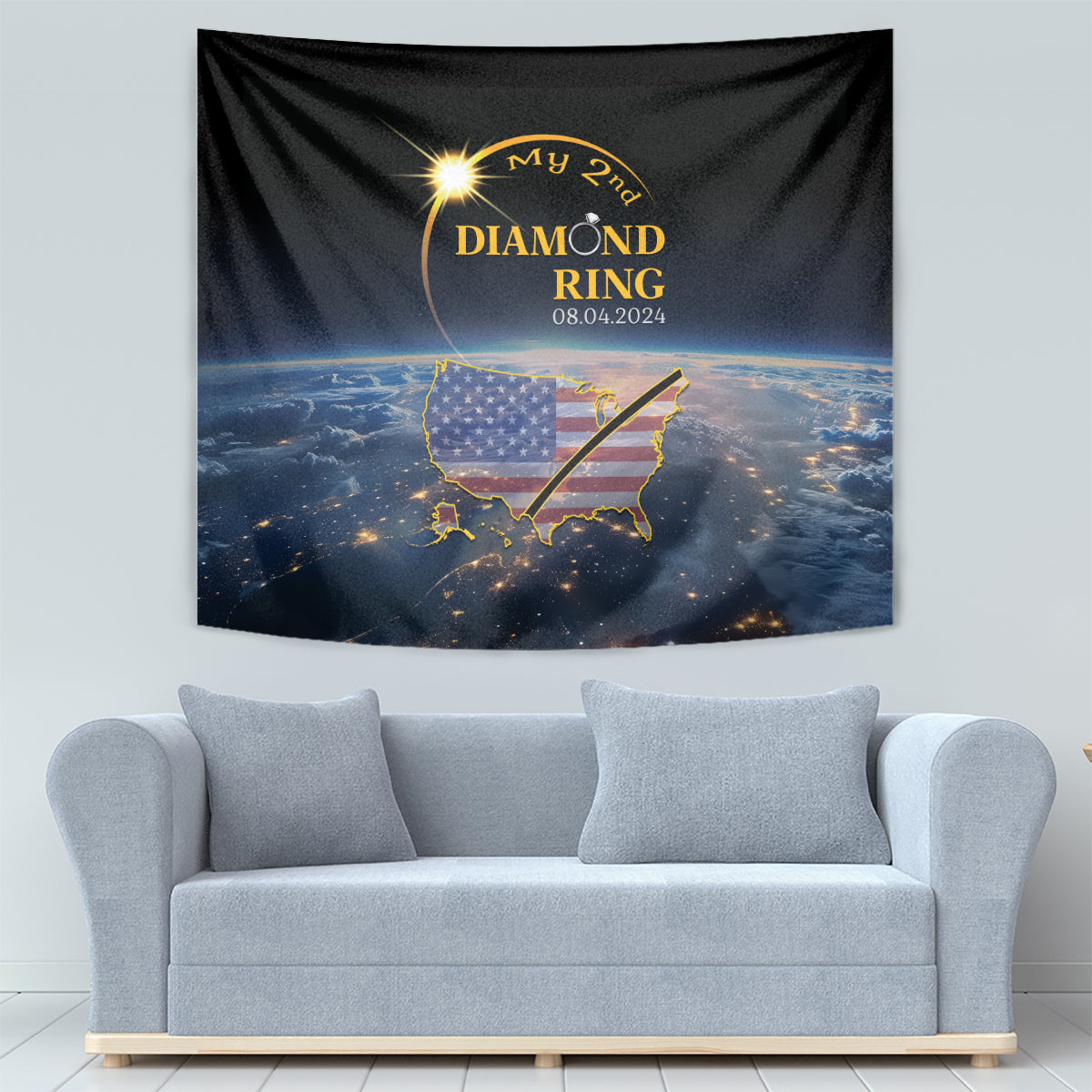 Black hanging tapestry with 'My 2nd Diamond Ring' and 08.04.2024 over Earth view